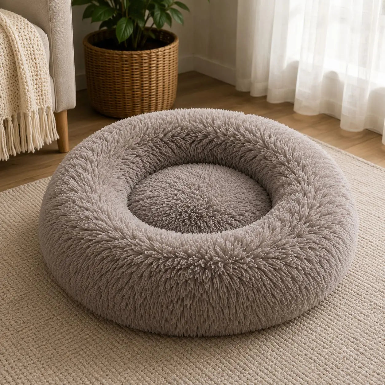 Light beige plush donut pet bed with thick raised cushioned sides, a deep circular centre and soft shaggy faux-fur texture, placed on a cream woven rug beside a neutral armchair and potted plant in a bright living room with natural sunlight filtering through sheer curtains.