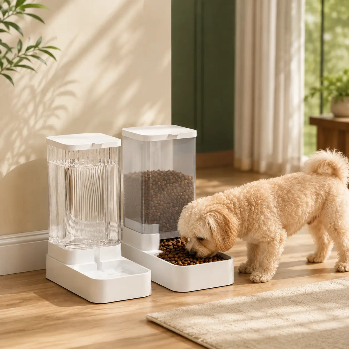 A small beige dog is eating from a white automatic pet food bowl while another white automatic pet water dispenser stands beside it in a bright indoor room with wood flooring and cream walls.