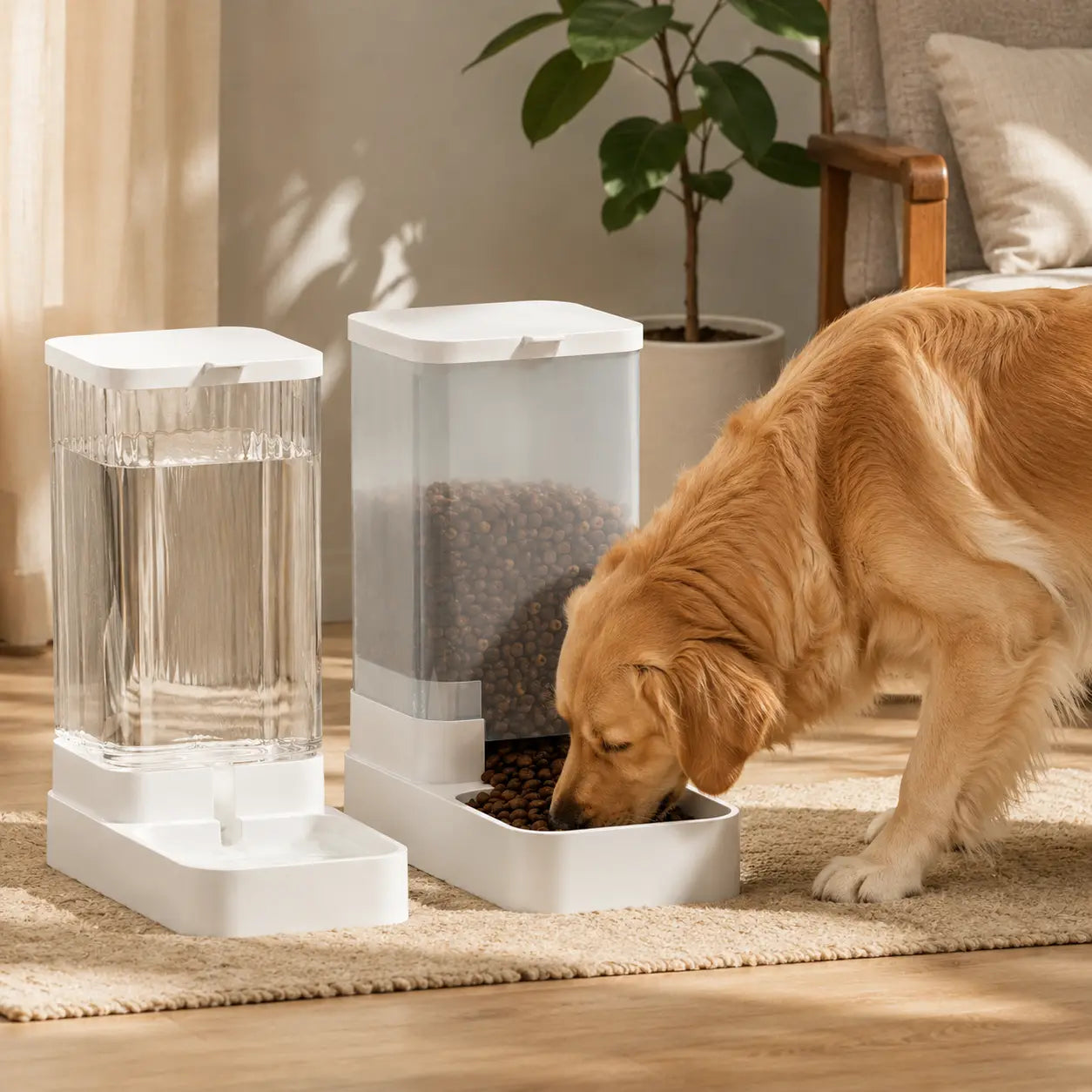 A golden retriever dog is eating from a white automatic pet feeder while another white automatic pet water dispenser stands beside it on a beige rug in a bright indoor room.