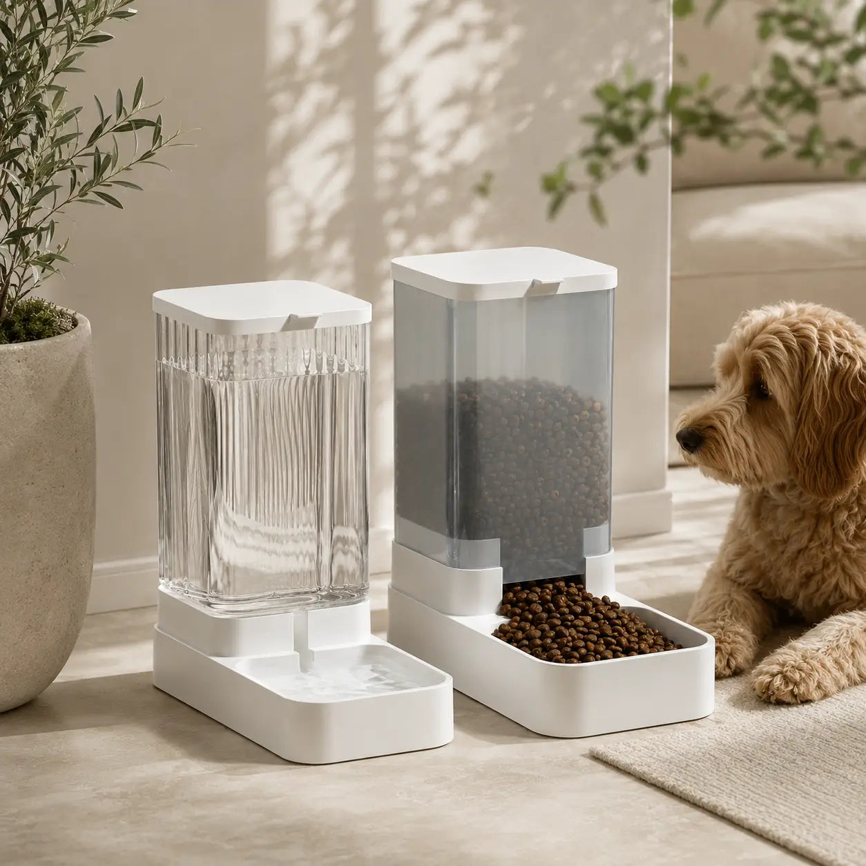 A dual pet feeder and water dispenser set in a warm, modern home environment, with a fluffy golden-brown dog sitting to the right. The dispenser features a clear ribbed water tank and a semi-transparent food storage container filled with dry kibble, all on a white base.