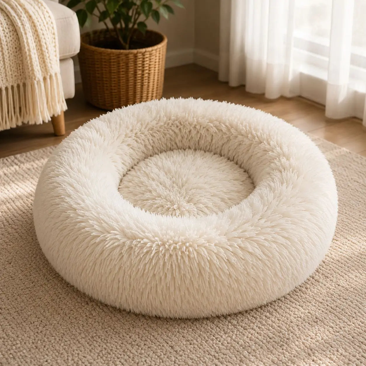 Cream faux-fur donut pet bed on a woven rug in a bright living room, with a plant and a cream armchair in the background