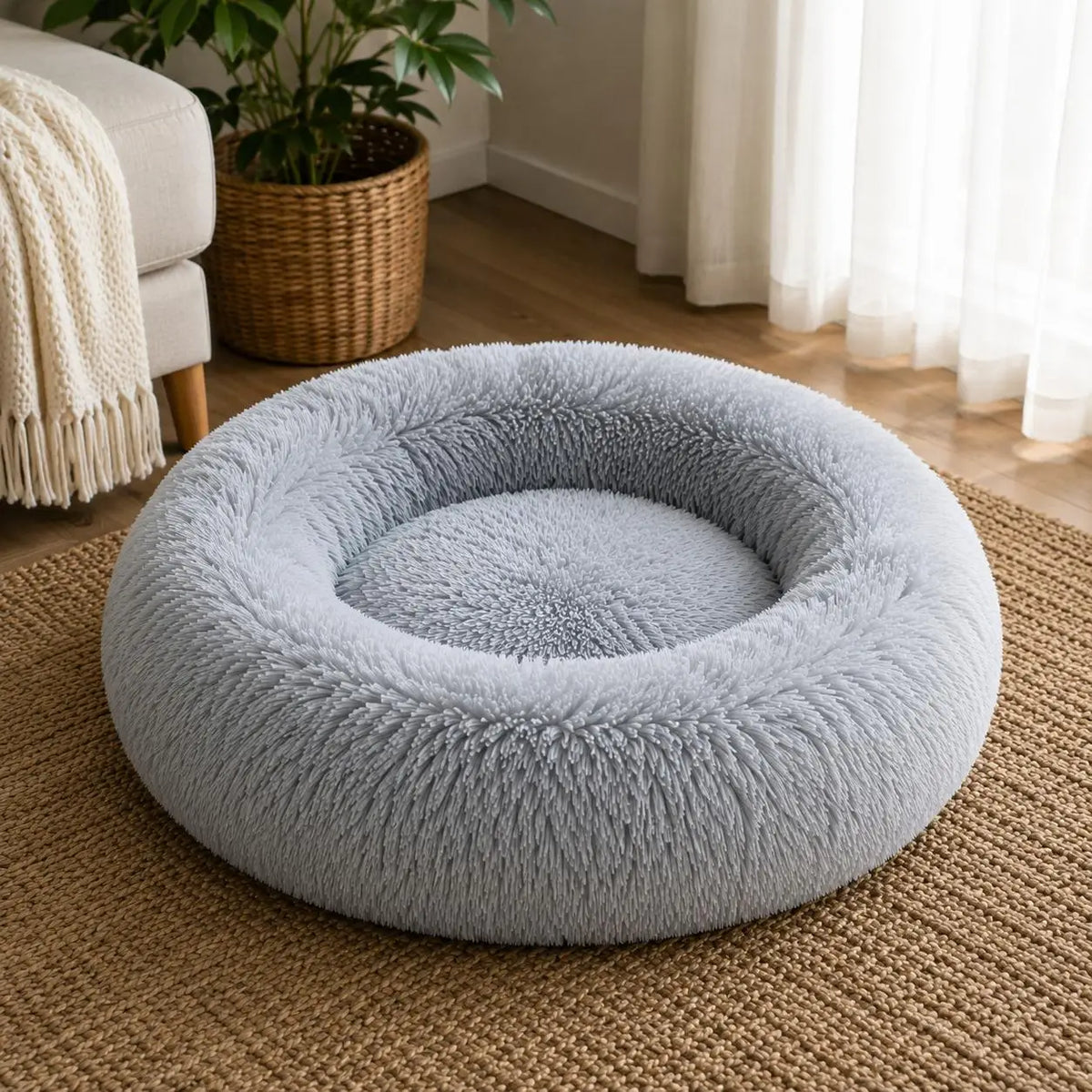 Light grey plush donut pet bed with thick raised cushioned sides and a soft shaggy texture, placed on a natural woven rug beside a cream armchair and potted plant in a bright living room with sunlight coming through sheer curtains.