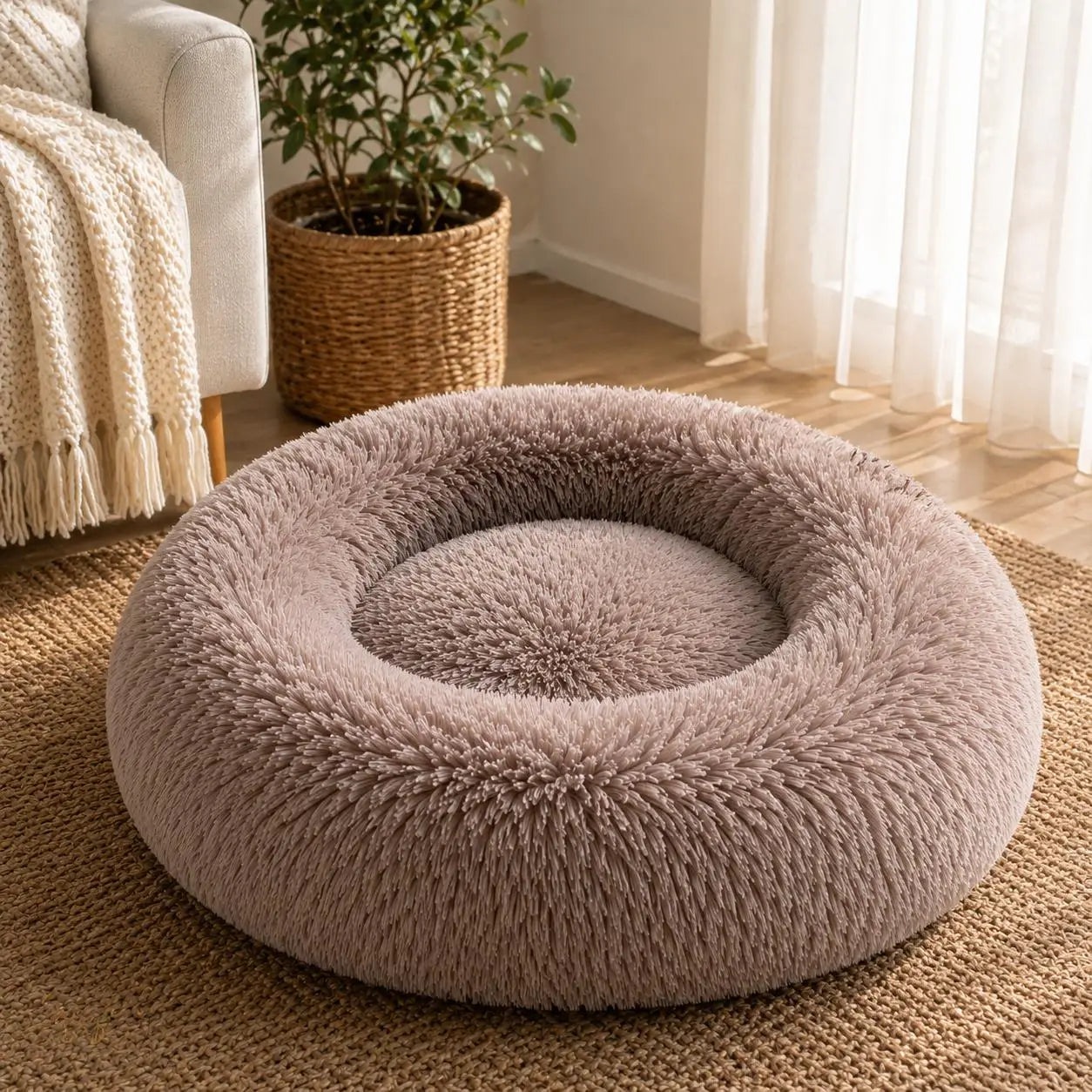 Taupe plush donut pet bed with thick raised cushioned sides and a soft shaggy texture, placed on a natural woven rug beside a cream armchair and potted plant in a bright living room with sunlight coming through sheer curtains.
