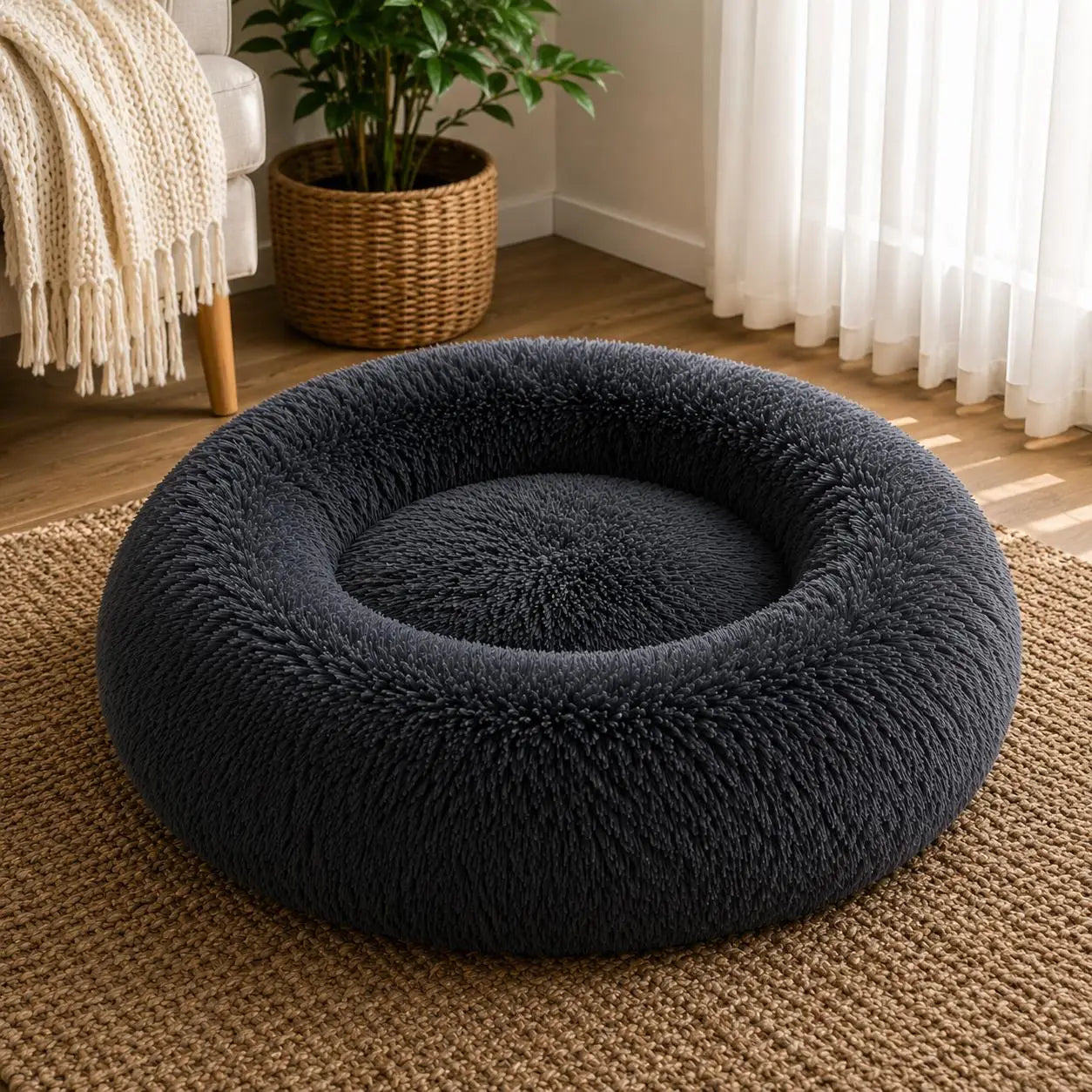 Dark charcoal grey plush donut pet bed with thick raised cushioned sides and a soft shaggy texture, placed on a natural woven rug beside a cream armchair and potted plant in a bright living room with warm sunlight coming through sheer curtains.