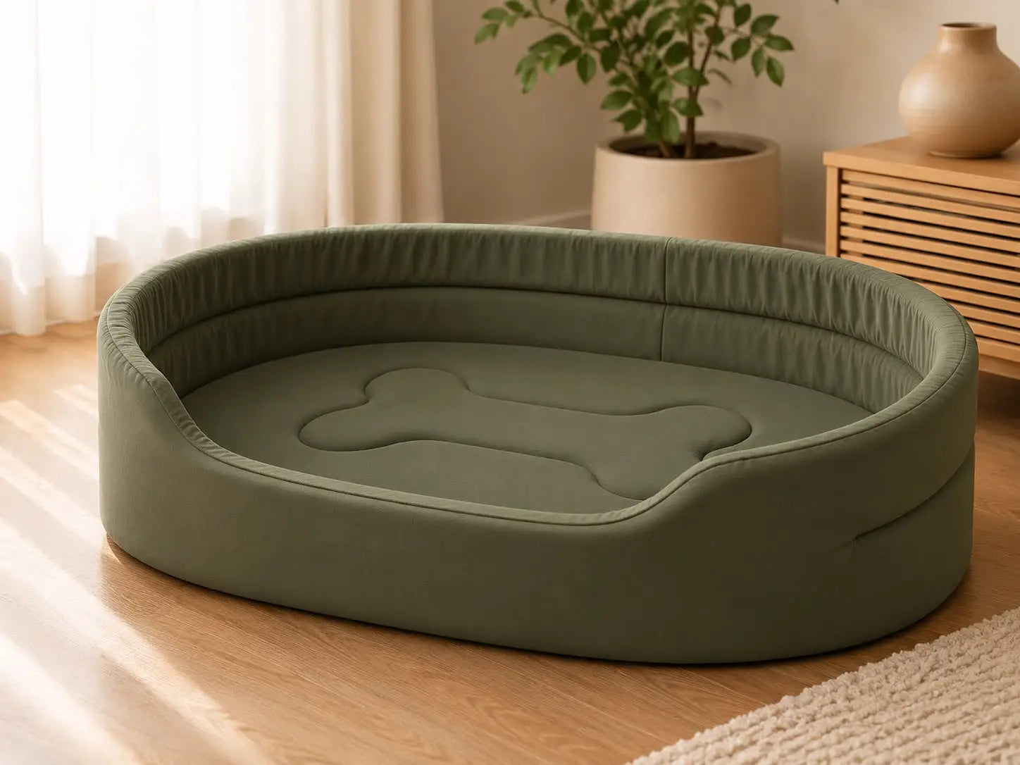 An oval-shaped pet bed in a muted sage green color, placed on a light wood floor in a cozy room setting with a plant and wooden cabinet in the background.