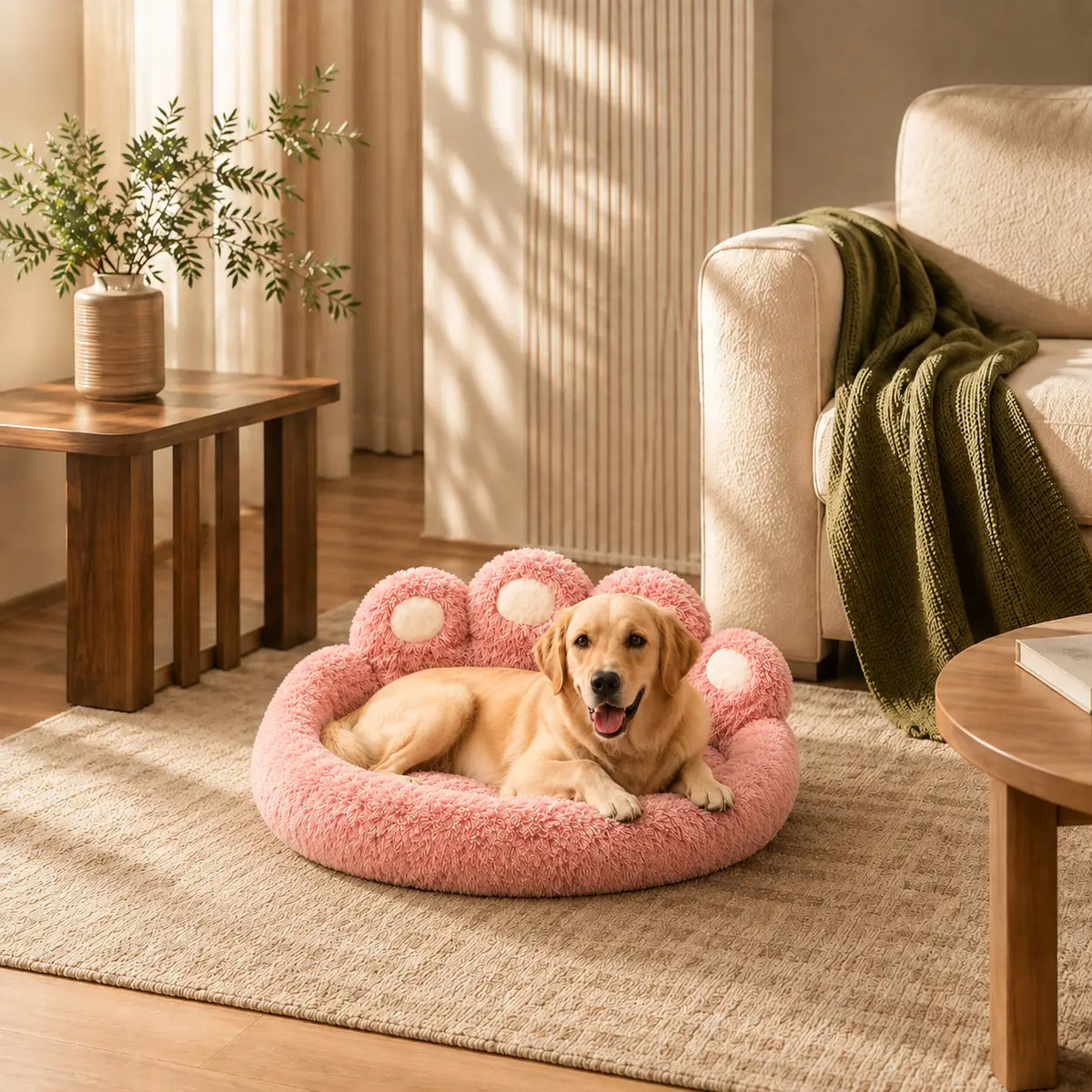 A golden retriever dog lies in a plush pink flower-shaped pet bed on a beige rug in a sunlit living room with a sofa, side table, and plant.