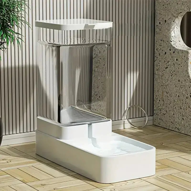 Modern white pet fountain on a wooden floor with a neutral background