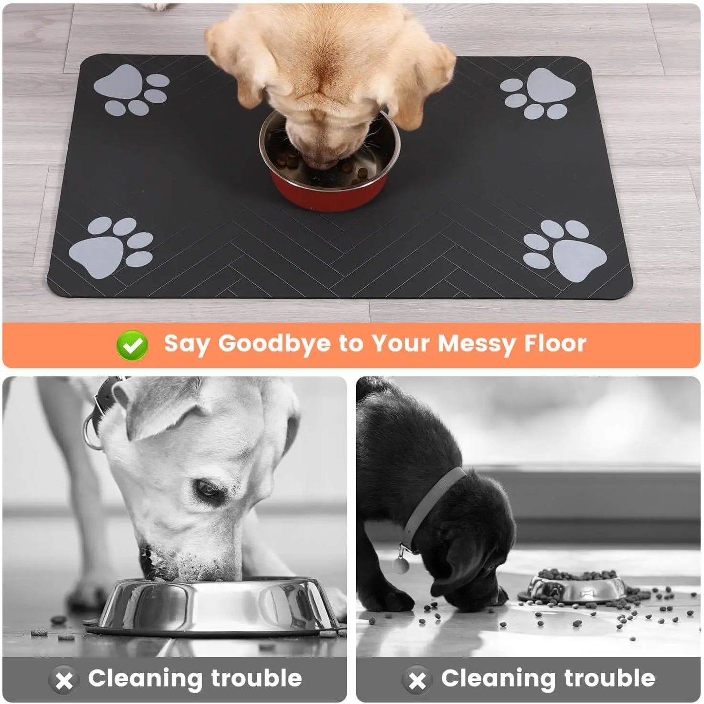 Waterproof pet feeding mat with bowls
