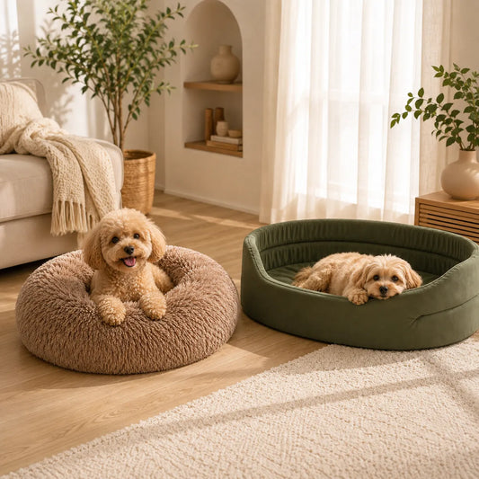 Two small fluffy dogs resting in round pet beds on a sunlit wooden floor in a cozy living room. One bed is a warm beige sherpa-style donut bed with a dog sitting inside, and the other is an olive green plush donut bed with a dog lying inside.